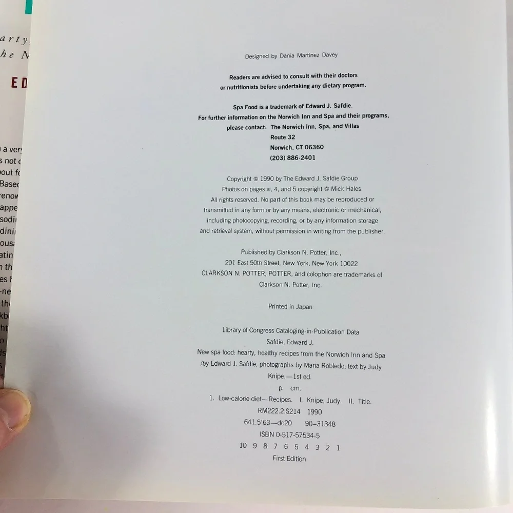 New Spa Food, Cook Book, Healthy Recipes, by Edward J. Safdie, 1990